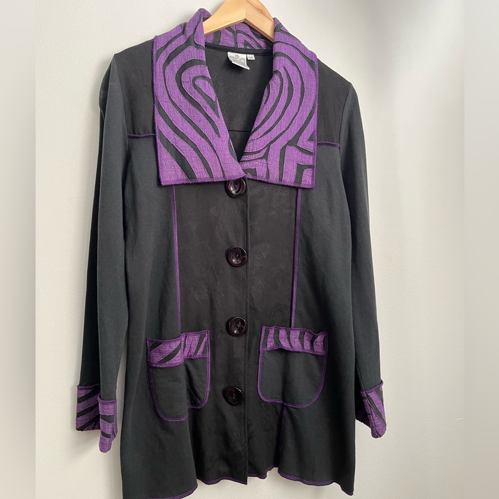 Parsley & Sage Sweater Art-to-Wear Purple Zebra Accent Button-Down Lagenlook